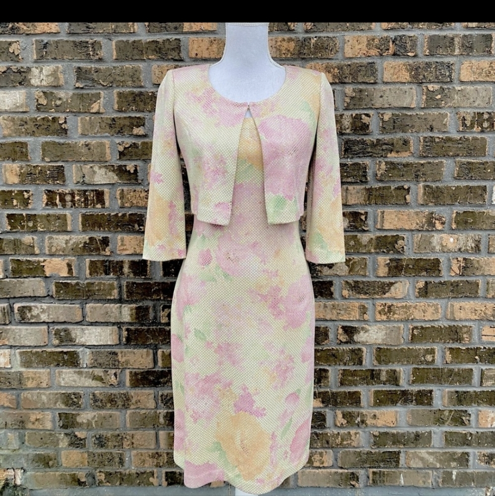 ISO ST. John Marie Gray Evening Sequin Dress Jacket Set Size 4 & 2 Pastel floral